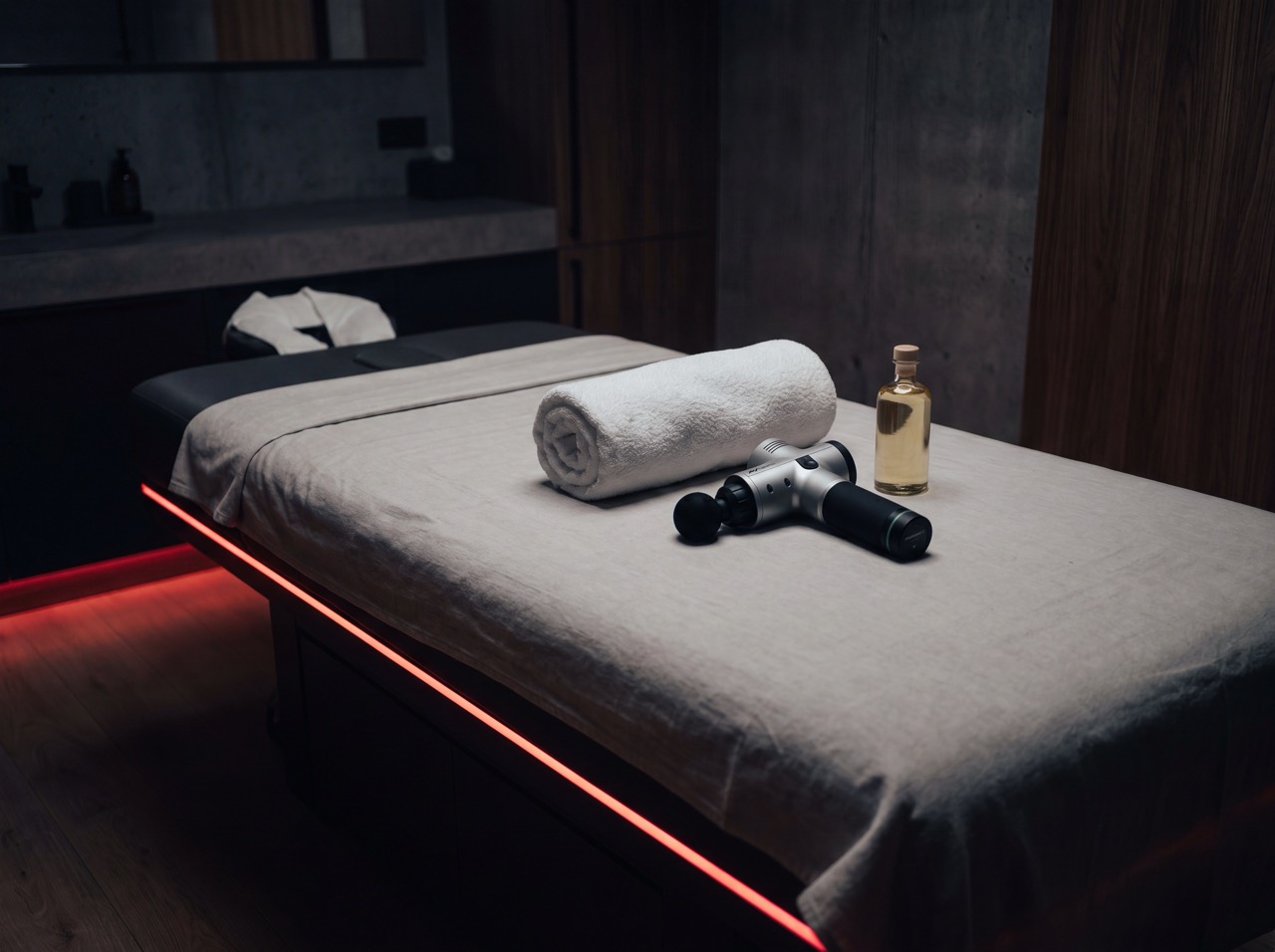 Massage table with rolled towel, massage gun and oil at Snap Fitness Redditch