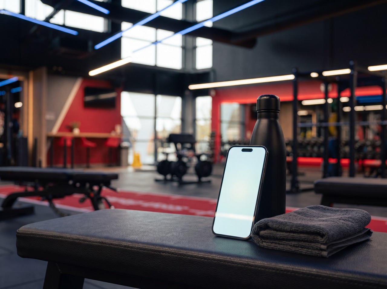 Phone, water bottle and towel on a gym bench at Snap Fitness Redditch