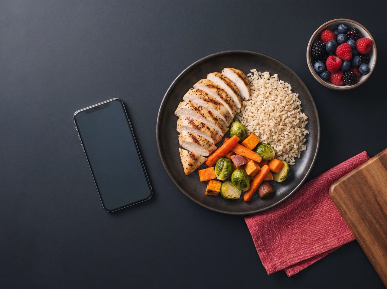 Balanced plate of grilled chicken, brown rice, roasted vegetables and berries